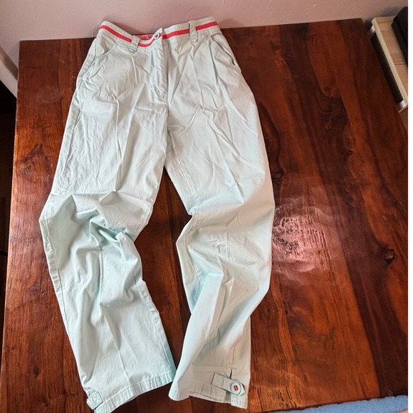 L.L. Bean Pants - LL Bean Vintage Women Aqua Blue Chino Pants Coral Trim Button Hem Size 8 Reg